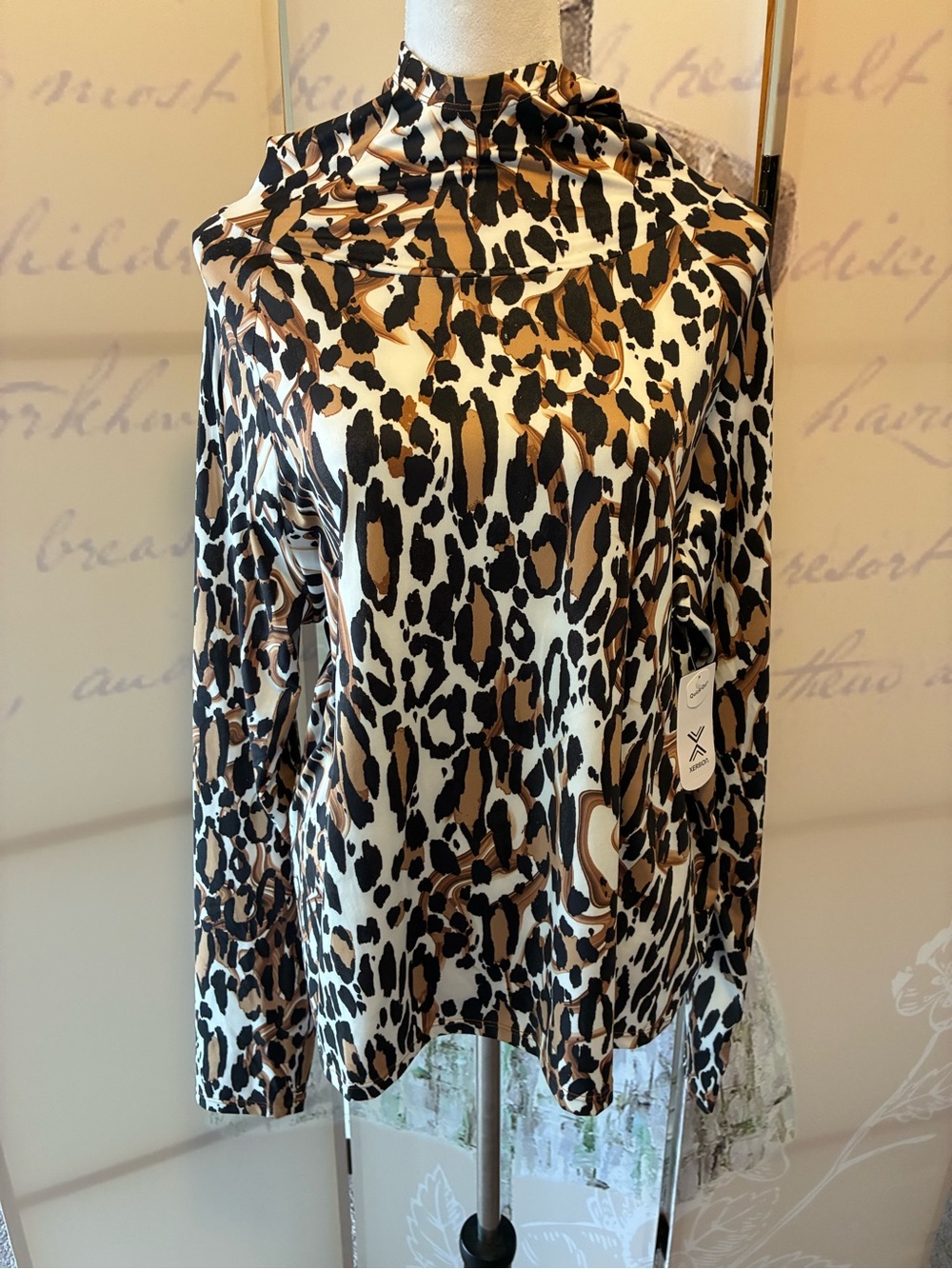 New w/ tags Xersio Leopard Print Mock Neck Long-Sleeve Top - White, Black, Brown